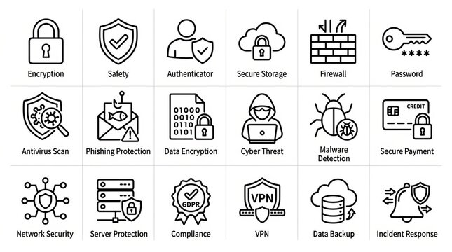 Cybersecurity and IT Infrastructure Icons for Digital Safety.