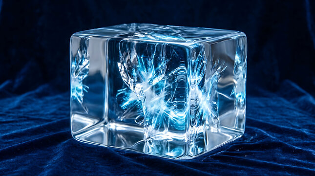 A glowing block of fractured ice resting on a deep blue velvet surface