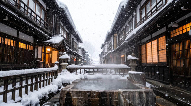 Snow Falling on Steaming Outdoor Bath in Timber Onsen Town
