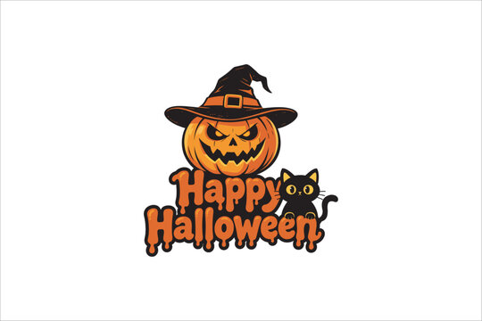Happy Halloween typography lettering with pumpkin wearing witch hat and black cat in flat 2D style. Vector concept for greeting card.