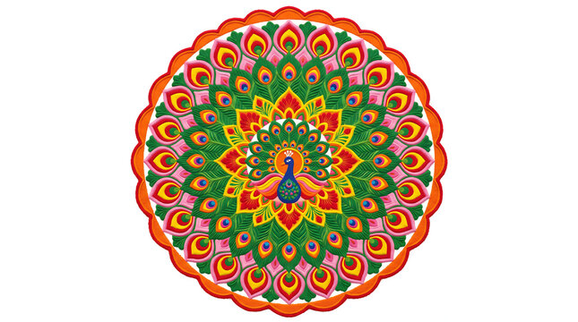 Colorful peacock mandala illustration with intricate floral patterns isolated