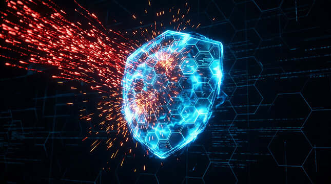 Glowing digital shield deflecting red energetic projectiles in a virtual data environment