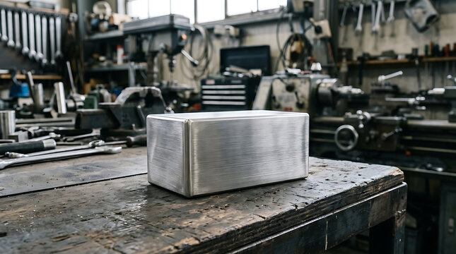 Polished rectangular metal block resting on a worn wooden workbench inside a busy machine shop
