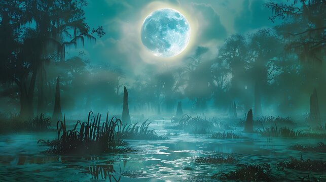 Bright full moon over a misty swamp landscape at night with cypress trees