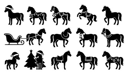 Fototapeta premium Christmas Horse Vector Collection with Santa Hats, Bells and Festive Winter Designs
