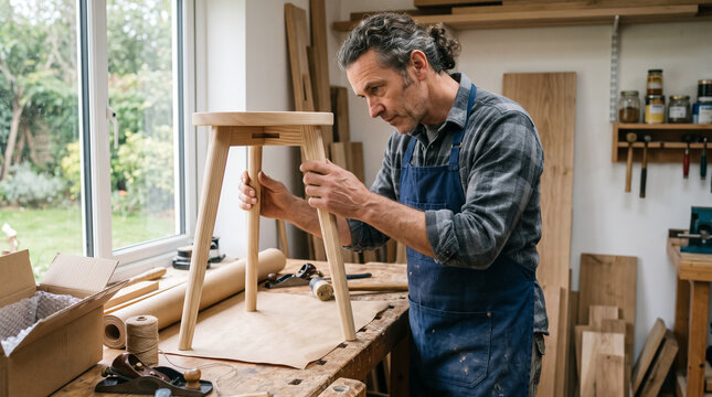 Mature carpenter examining handmade wooden stool in workshop near window. Concept of woodworking, woodworker, craftsman, carpentry, furniture, joinery, artisan, small business.