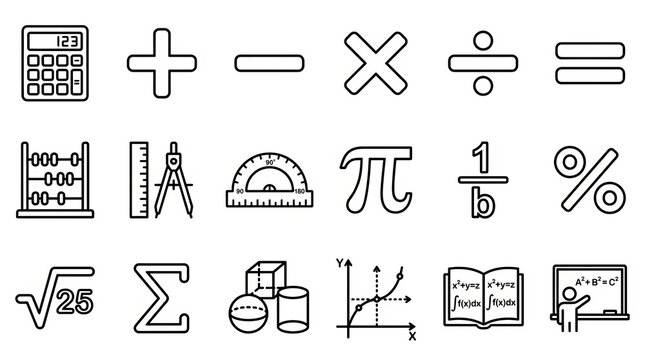 Collection of mathematical symbols and educational icons.