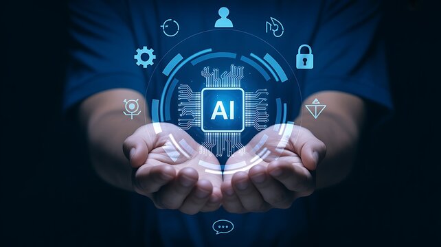 Artificial Intelligence AI Technology Concept with Human Hands Holding Glowing Digital AI Interface and Connected Network Icons
