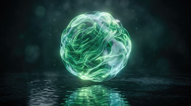 Glowing green energy sphere floating above dark reflective water surface