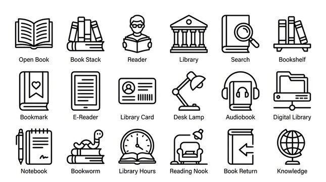 Collection of flat design icons representing various library and reading symbols.
