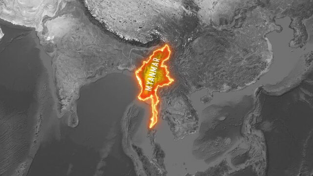 Animated outline of Myanmar country map with flag motion
