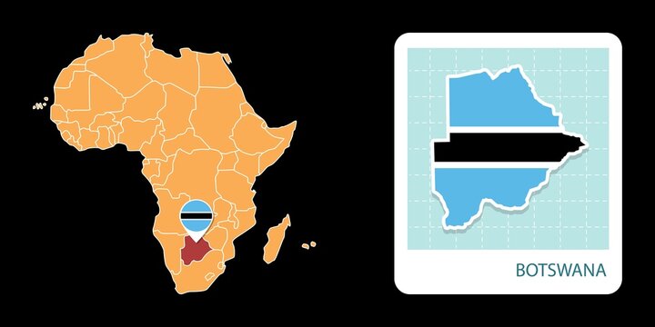 Stylized Botswana map highlighting a selected territory with a locator pin and inset reference graphic for geographic context.