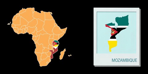 Stylized Mozambique map highlighting a selected territory with a locator pin and inset reference graphic for geographic context. © Umm Hamzah