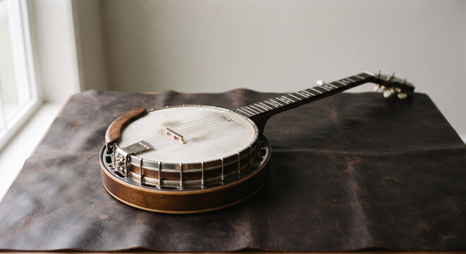 Vintage Five String Banjo Lying on Brown Leather Surface Indoors. Concept of musical instrument, string instrument, bluegrass, folk music, acoustic. Copy space.