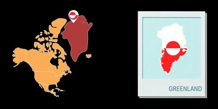 Stylized Greenland map highlighting a selected territory with a locator pin and inset reference graphic for geographic context.