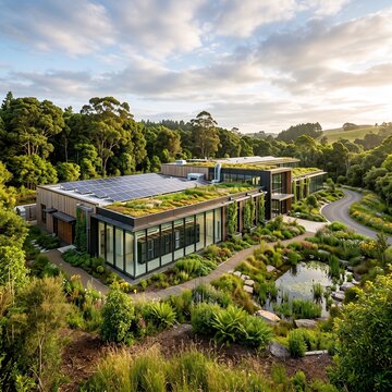 Sustainable modern eco building featuring solar panels and a green vegetated roof stands nestled in a lush forest landscape.