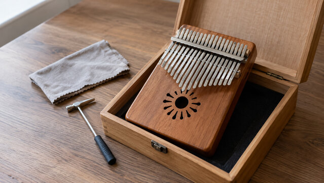 Wooden kalimba thumb piano in storage box with tuning hammer on table. Concept of mbira, musical instrument, wooden instrument, metal tines, sound hole, music therapy, acoustic instrument.