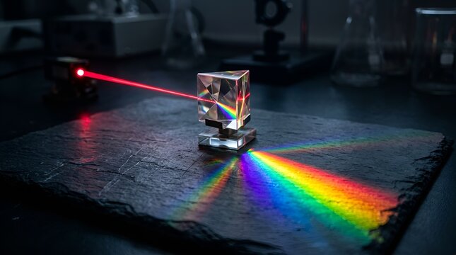 Optical glass prism dispersing red laser beam into rainbow spectrum, physics experiment with light refraction, scientific laboratory equipment on dark stone