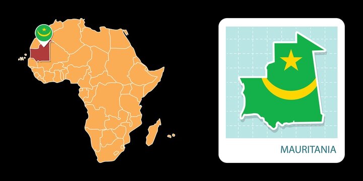 Stylized Mauritania map highlighting a selected territory with a locator pin and inset reference graphic for geographic context.