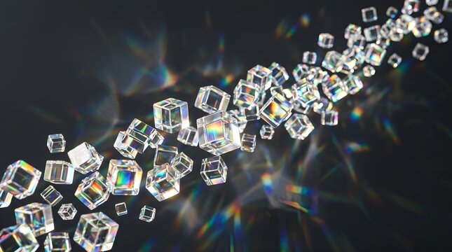 Crystalline glass cubes with rainbow light refraction, floating transparent geometric blocks on dark background, luxury prism effect background