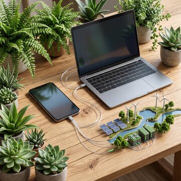 Laptop computer rests on a wooden desk next to a smartphone connected to a miniature green energy diorama with solar panels and wind turbines.