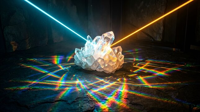 Luminous quartz crystal cluster with laser light refraction, glowing mineral stone on dark rock, rainbow prism light effects in a mystical cave