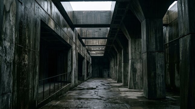 Brutalist concrete bunker interior, dark abandoned industrial hallway with weathered walls, moody cinematic underground architectural space