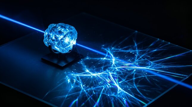 Glowing blue laser beam through crystal prism, refractive light patterns on dark surface, futuristic optical physics experiment with neon light