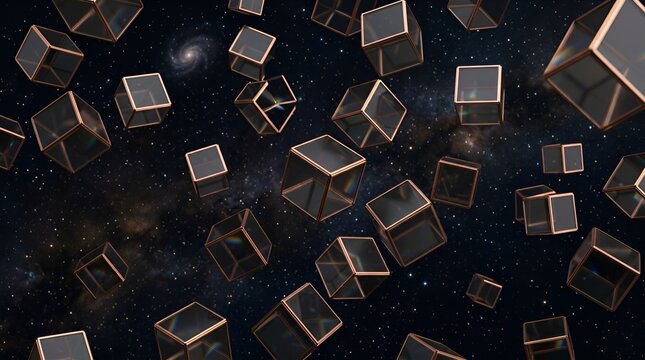 Futuristic glass cubes floating in deep space, cosmic background with glowing nebulae and stars, abstract geometric 3D blocks in a dark universe