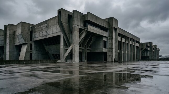 Brutalist concrete architecture under moody sky, massive gray monolith building, dystopian urban structure with wet ground reflections