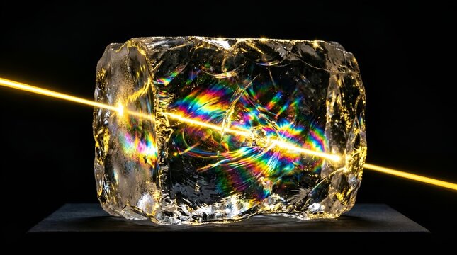 Luminous crystal prism with golden laser beam, refractive glass block with rainbow light dispersion, glowing gemstone on black background