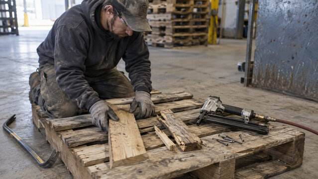 Male Carpenter Repairing Wooden Pallet with Pneumatic Nail Gun and Crowbar in Factory Workshop. Concept of carpentry, pneumatic tool.