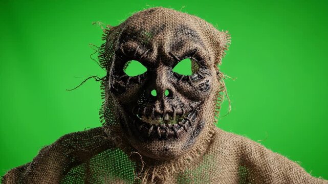 Terrifying Cinematic 4K Stitched Burlap Scarecrow Mask on Green Screen Moving and Looking at Camera for Horror Movie Compositing and Halloween VFX