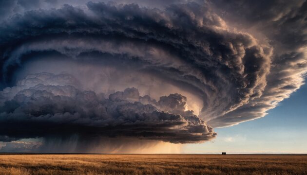 A colossal, swirling supercell thunderstorm looms over a golden prairie