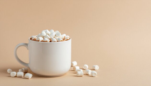 Cozy Hot Cocoa Drink with Fluffy Mini Marshmallows in a White Mug on a Minimalist Beige Background