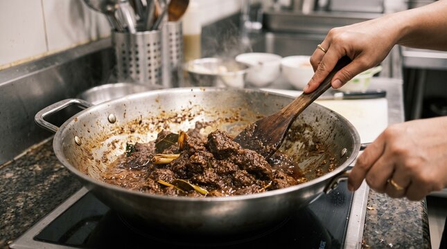 Traditional rendang cooking process showing slow simmering beef and sauce reduction, suitable for recipe tutorials, culinary education, food blogs, restaurant training, and advertising.