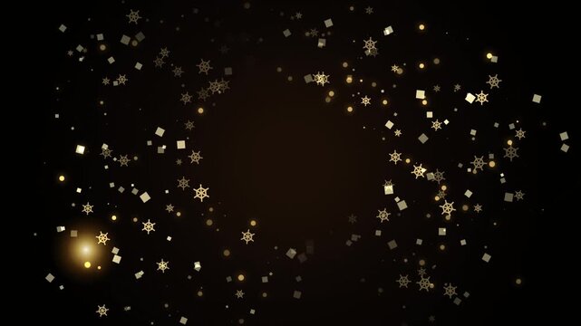 Abstract golden background with floating nautical steering wheel shapes and glowing particles
