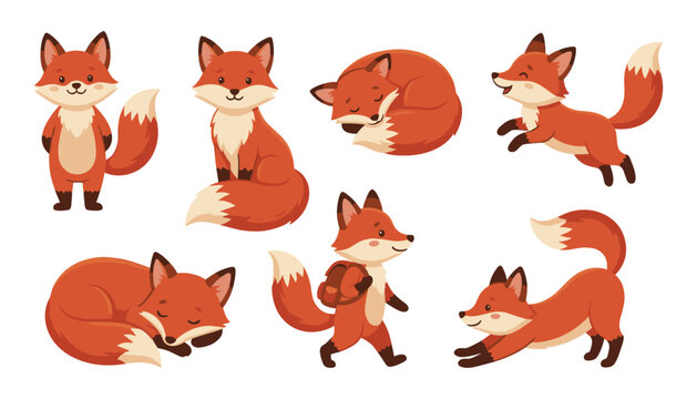 Cute Red Fox Character Collection with Standing, Sitting, Sleeping, Running, Jumping, and Playful Woodland Animal Illustrations
