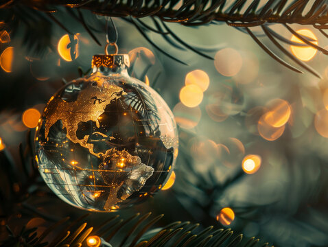 glass Christmas ornament shaped like the planet Earth hanging on a pine tree branch, delicate golden vintage mapamundi details on the continents, reflecting warm golden fairy lights, deep shadows
