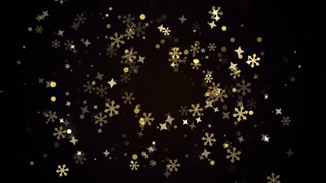 Festive golden snowflakes and glittering stars scattered on a dark background