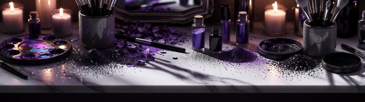 Makeup and candles arranged on vanity with purple cosmetics