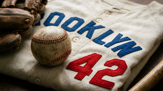 A close up of a vintage baseball lying on a jersey numbered 42 with a worn leather glove