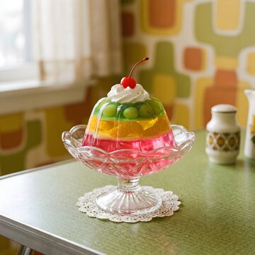 vintage layered fruit gelatin dessert with whipped cream and cherry in retro glass bowl on kitchen table