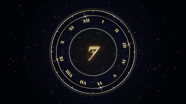 Golden clock face with roman numerals and number nine center