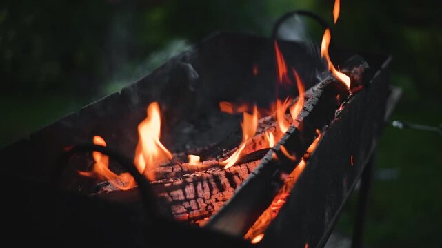 Wood logs burn steadily in a barbecue grill, producing bright flames and smoke. The scene is set outdoors, capturing the natural elements of fire and ash