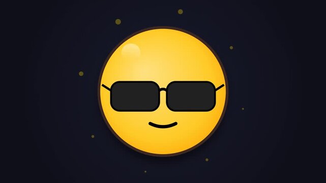 Yellow emoji face wearing sunglasses smiling against dark night background with glowing star vector illustration