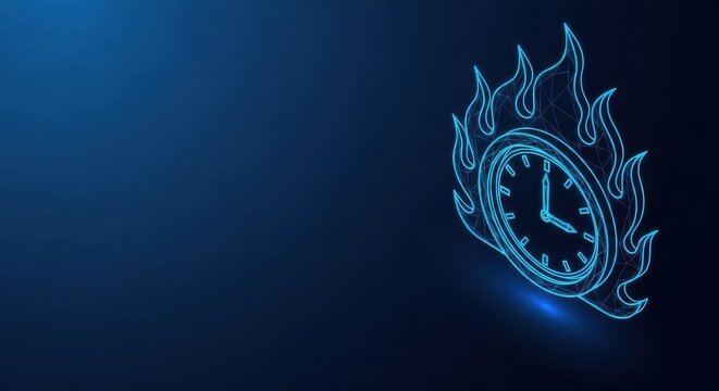 Burning clock face with stylized flames and glowing neon outline on a dark blue gradient background