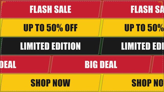 Horizontal scrolling ribbons with commercial sale slogans
