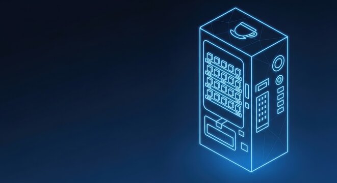 Modern neon blue vending machine with coffee cup icon dispensing beverages in a sleek futuristic design