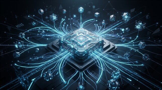 Central neural AI chip connecting a futuristic digital ecosystem through glowing pathways, symbolizing artificial intelligence, machine learning and computational networks.